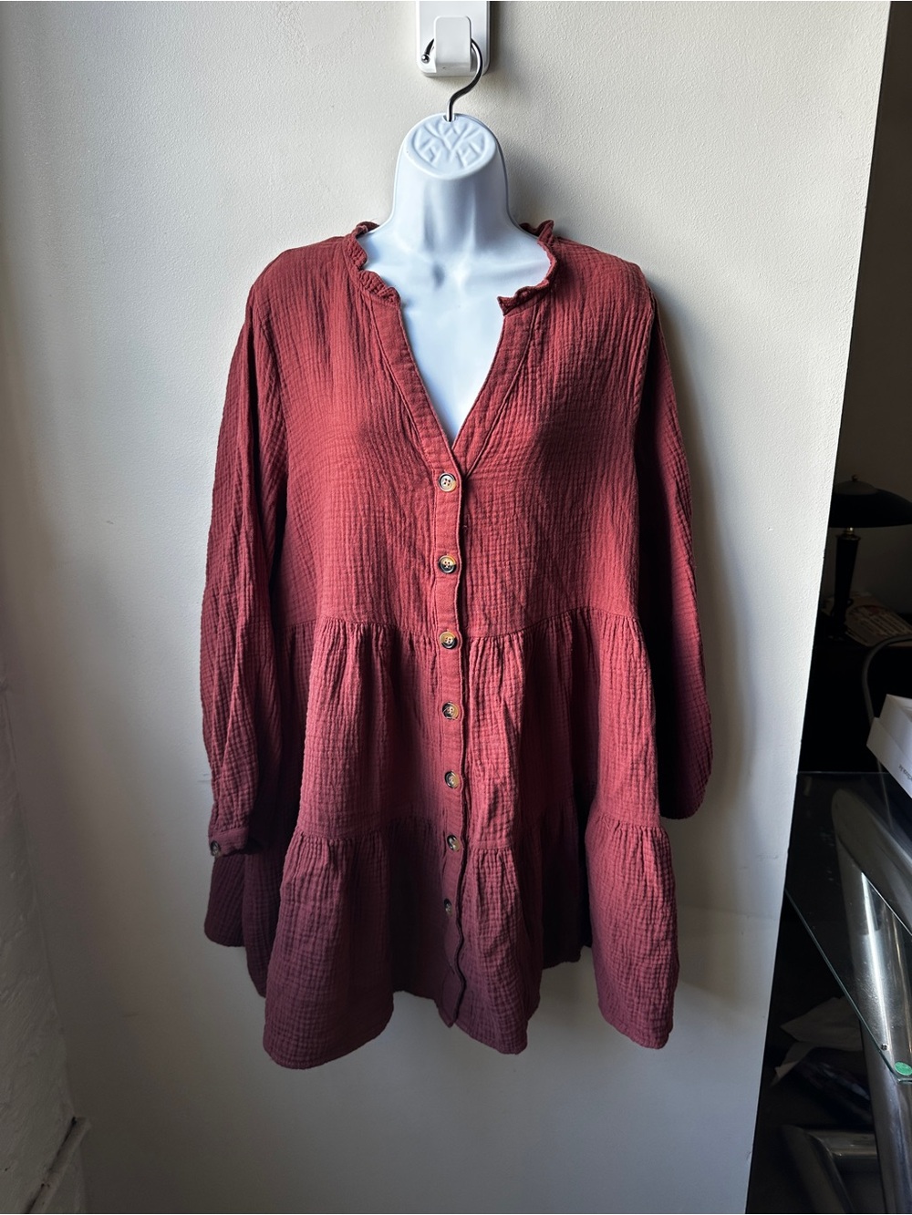 Entro Rust Double Gauze Tiered Button Front Tunic Top  Mini Dress Ruffle Neck L